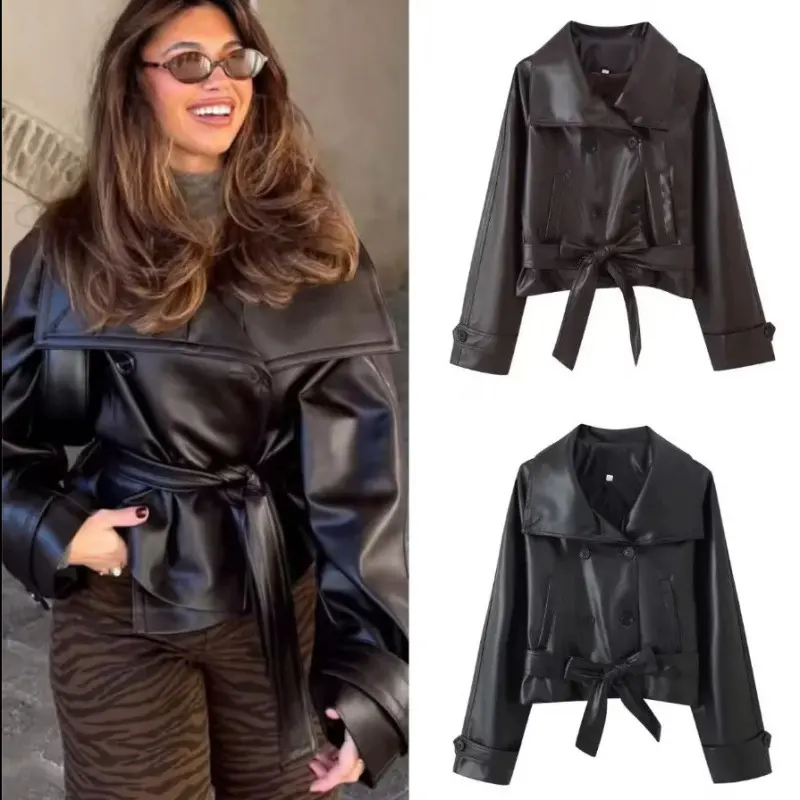 Retro Two-Tone Double-Breasted Leather Jacket with Tie Detail