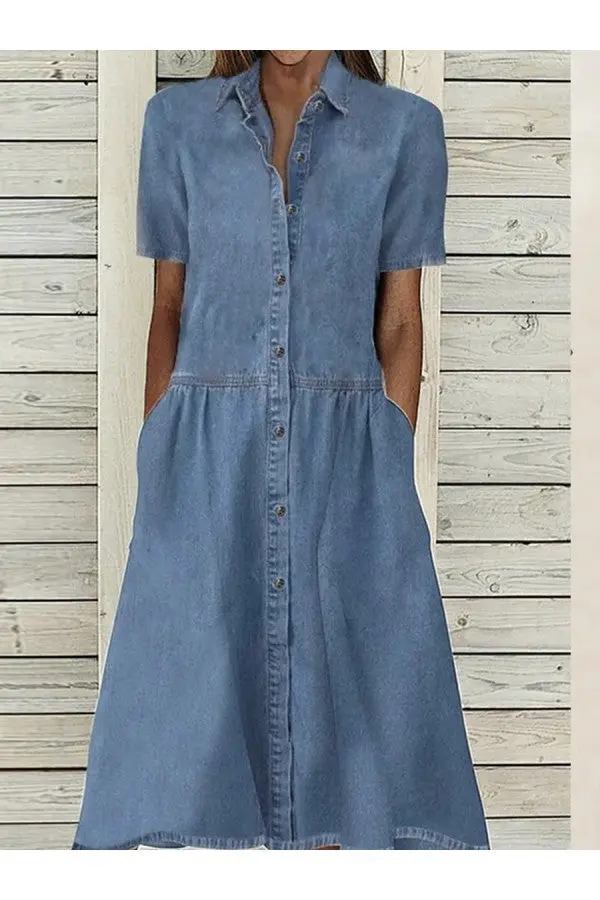 Ronja | Damen Hemdblusenkleid Kurzarm Midi