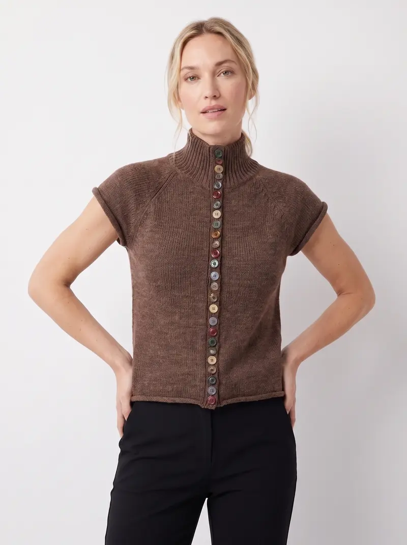 Rosa | Damen Kurzärmlige Stehkragen Strickoberteil