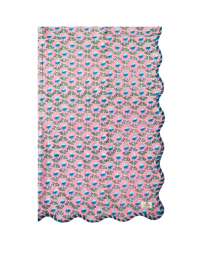 Rosie Pink Hand Block Printed Scalloped Tablecloth