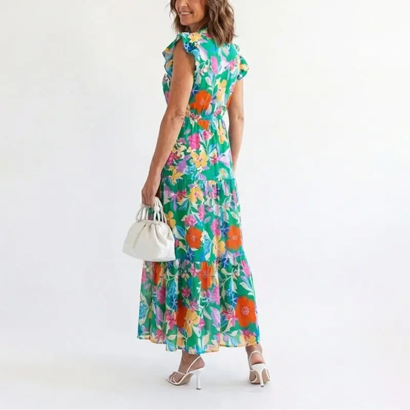 Sarah | Damen Elegant Rüschenärmeln Geblümtes Kleid
