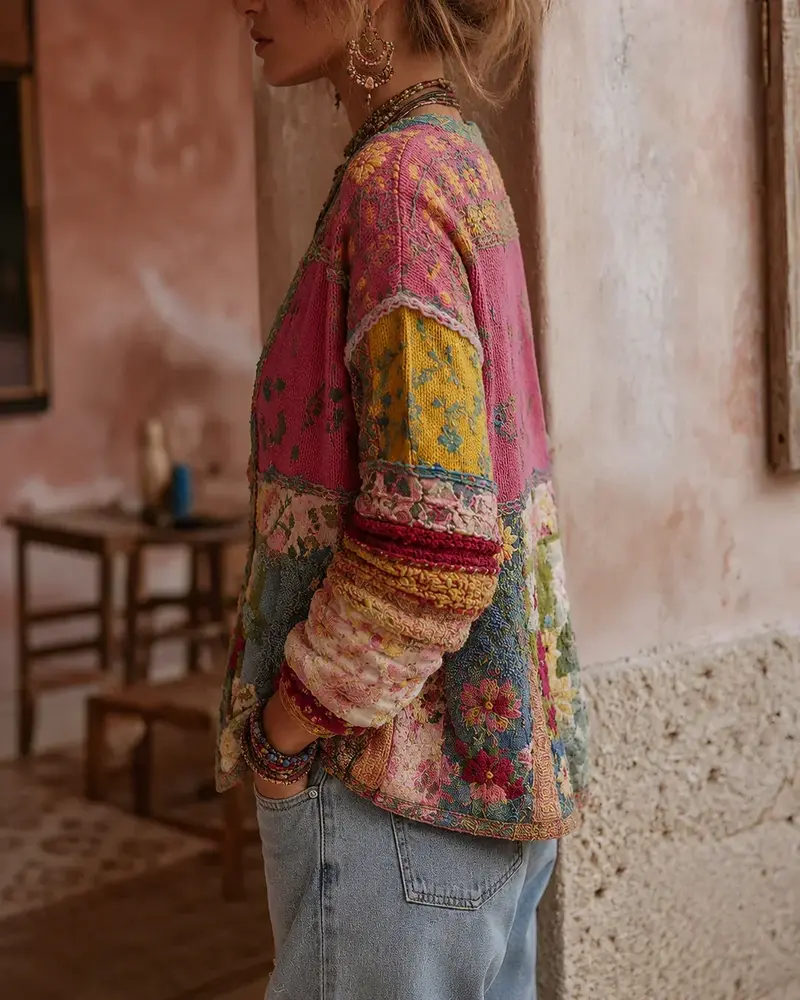 Simiey | Damen Farbenfrohes Floralmuster Boho Strickjacke