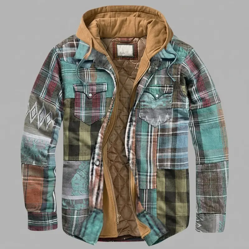 Simon | Herren Patchwork Flanelljacke Winter Gefüttert Kapuze Reißverschluss