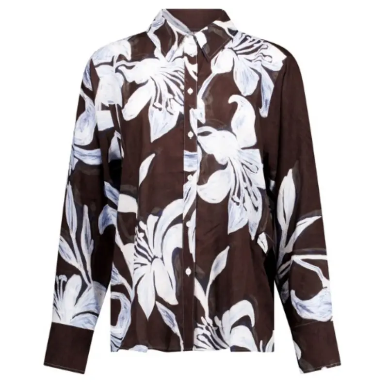 Sky blue met espresso blouse Aylin Satin Flower