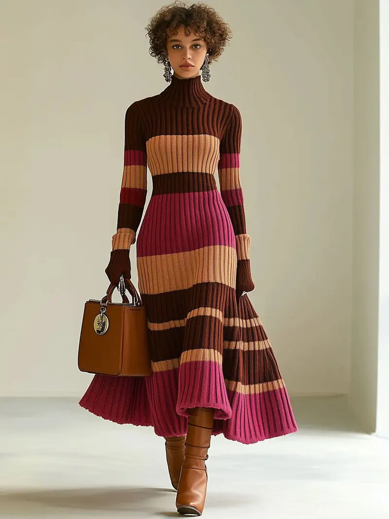 Sofia | Damen Strick-Maxi-Kleid modern & gestreift