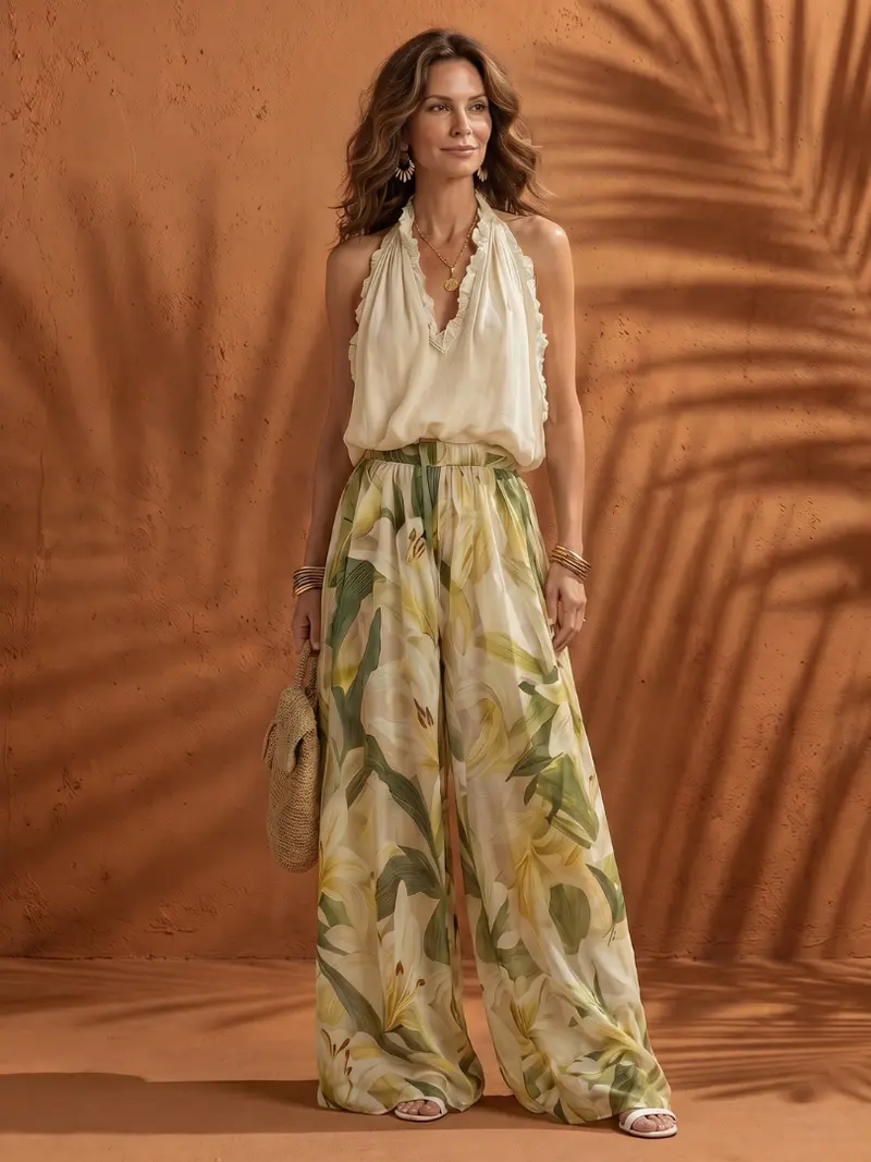 Solange | Halter Neck Bluse Floral Weite Hose Set