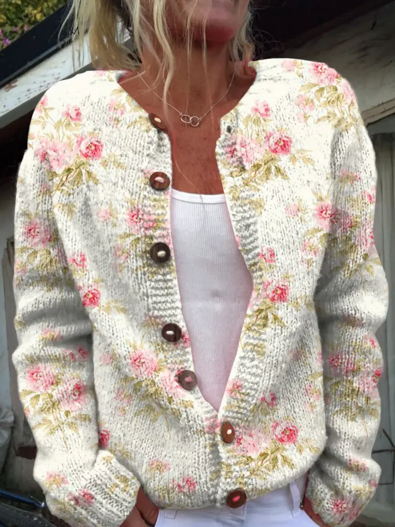 Solveig | Damen Strickjacke Blumenmuster Cardigan