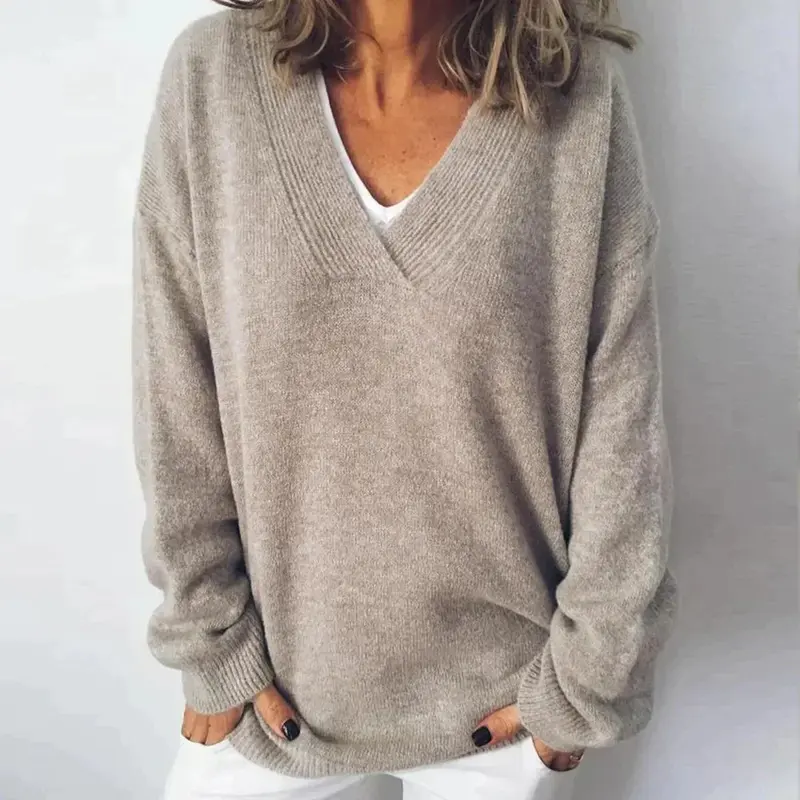 Solvika | Damen Oversize Strickpullover V-Ausschnitt