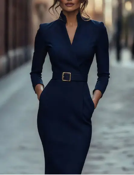 Sophia - Glänzendes Midikleid mit drapiertem Kragen