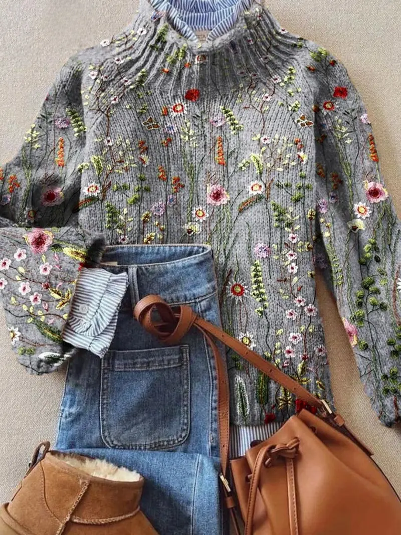 Sophie | Damen Rollkragenpullover Vintage Blumen Strickpullover