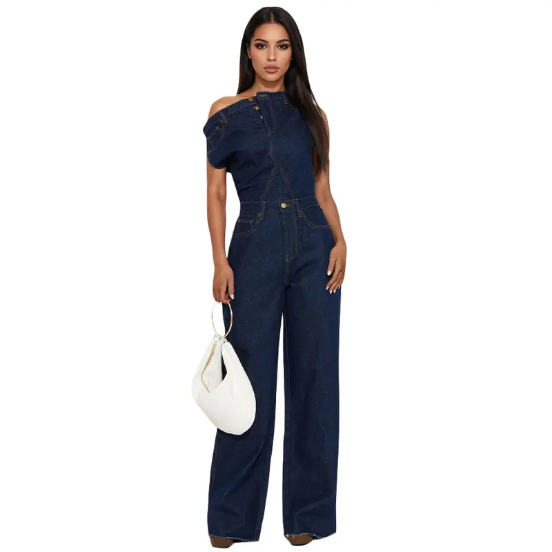 Strapless jumpsuit van denim met één schouderband