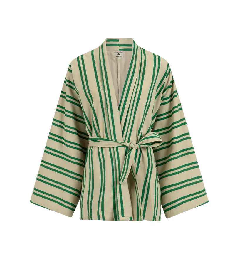 Sunny Stripes Kimono | Beige - Emerald Striped