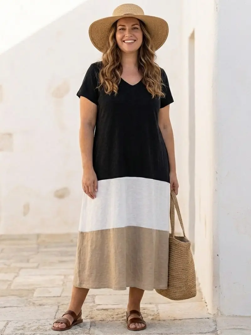 Thalia | Damen Midikleid Farbblock V-Ausschnitt Modern