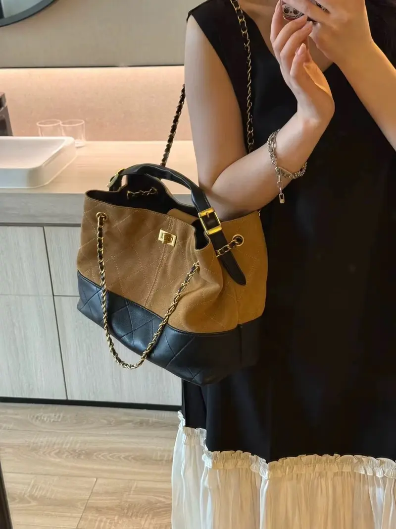 Tweed Style Suede Tote Bag with Chain Strap