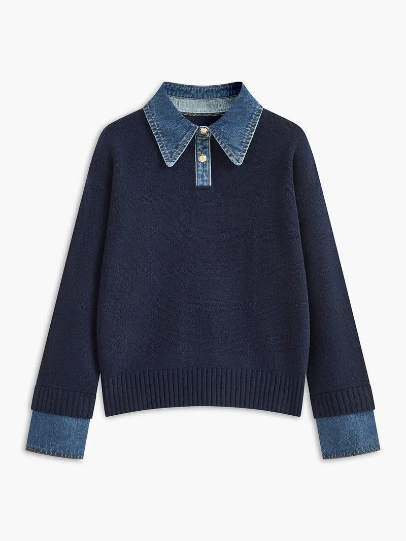 Victoria | Eleganter Damen Strickpullover Mit Denim-Kragen