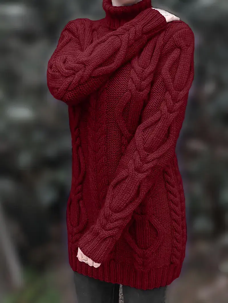 Wendeline | Damen Langer Zopfmuster Rollkragen Strickpullover