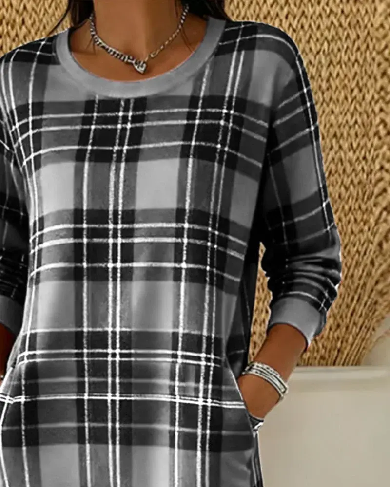 Wibeke | Damen Strickkleid Karo Langarm