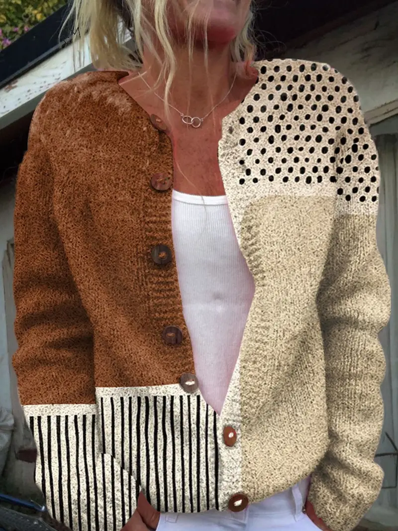 Wiltrud | Damen Patchwork Strickjacke mit Knöpfen