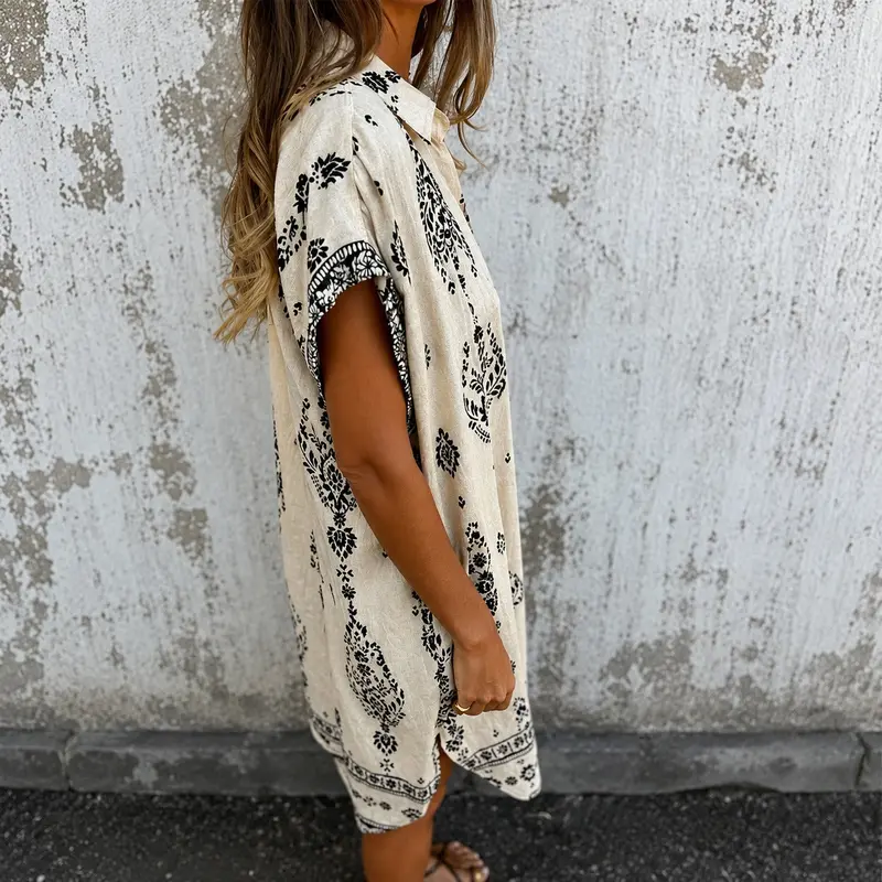 Zahara™ Hemdblusenkleid aus Baumwoll-Leinen mit Boho-Muster