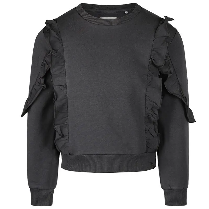 Zwarte crewneck ruffle sweater O56934