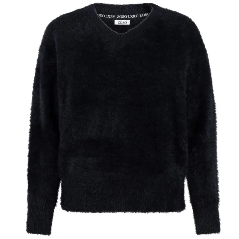 Zwarte fluffy v-hals sweater Kim