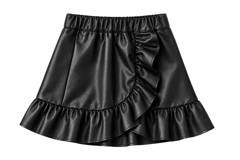 Zwarte lederlook rok met ruches